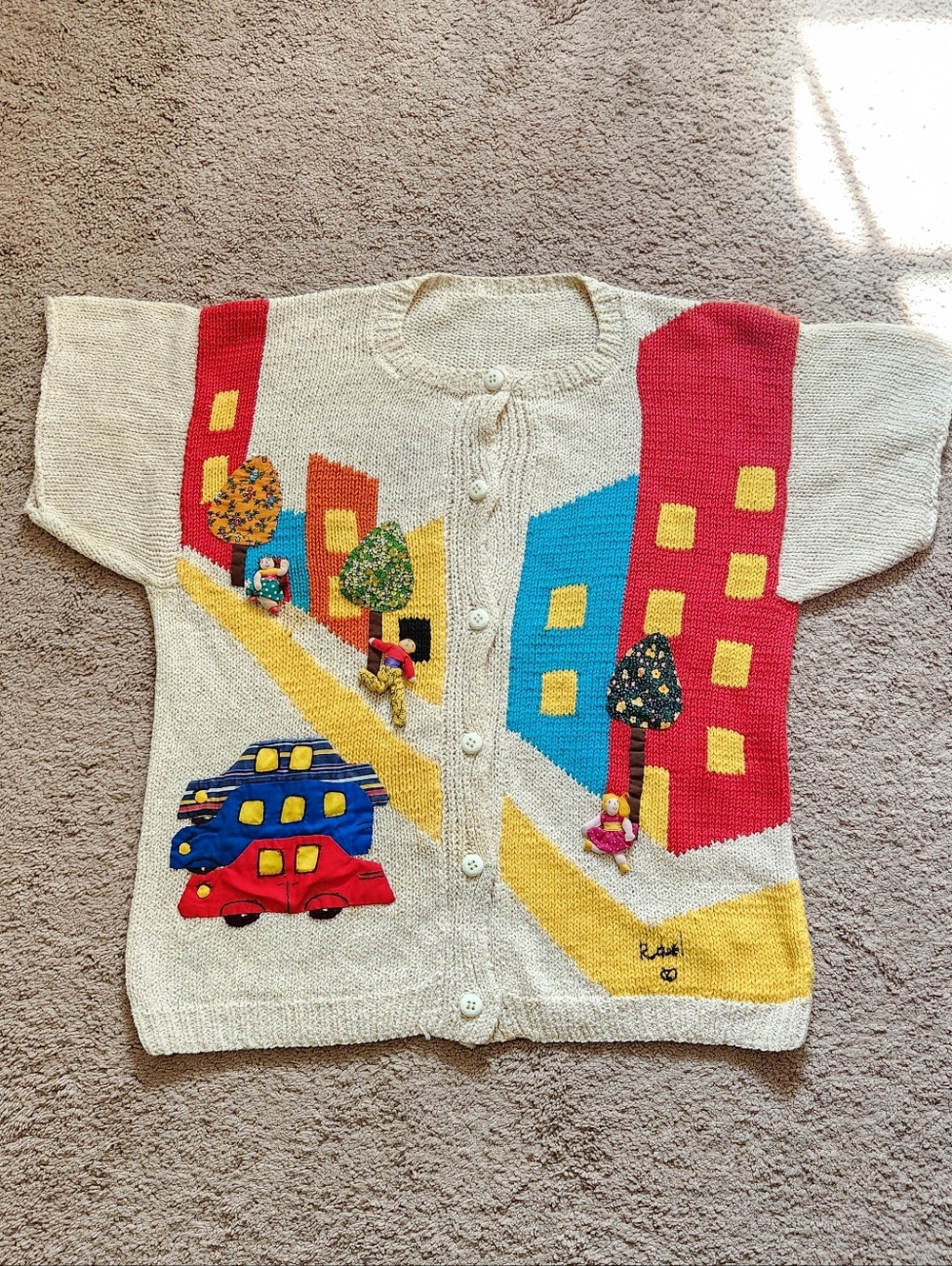 vintage raquel's novelty peru Knit sweater cardigan 3D knit cityscape kitschy XL